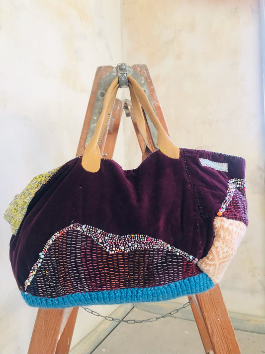 Taske håndsyet taske stof ægte læder håndtag slow fashion håndlavet 1689 