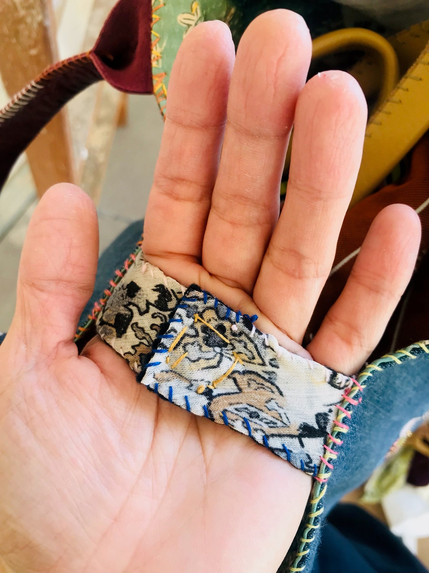 Taske håndsyet taske stof ægte læder håndtag slow fashion håndlavet 1672 