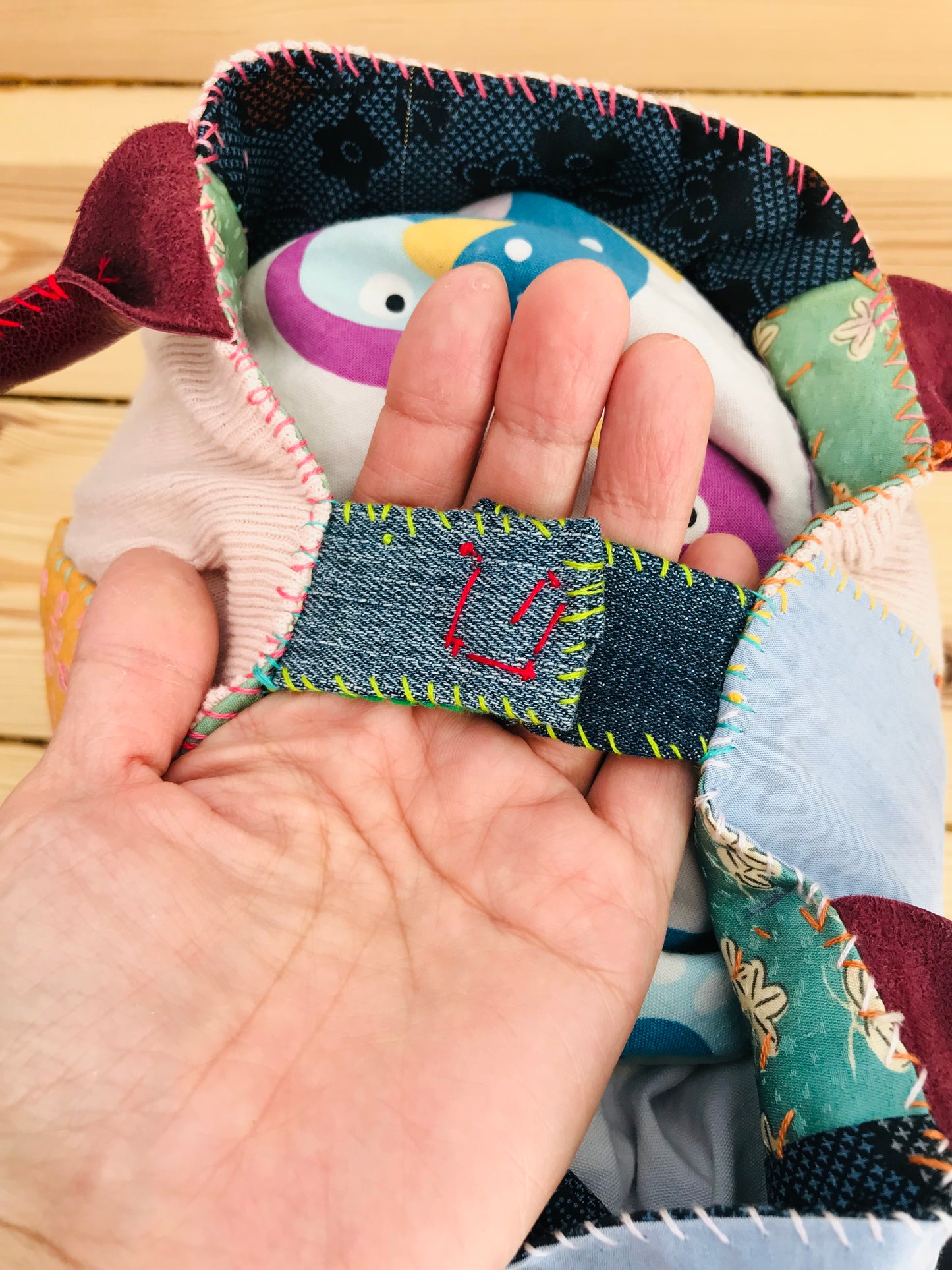 Taske håndsyet taske stof ægte læder håndtag slow fashion håndlavet 1701 