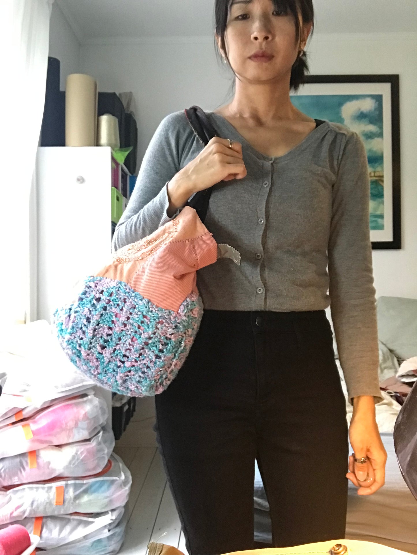 Taske håndsyet taske stof ægte læder håndtag håndlavet 1613