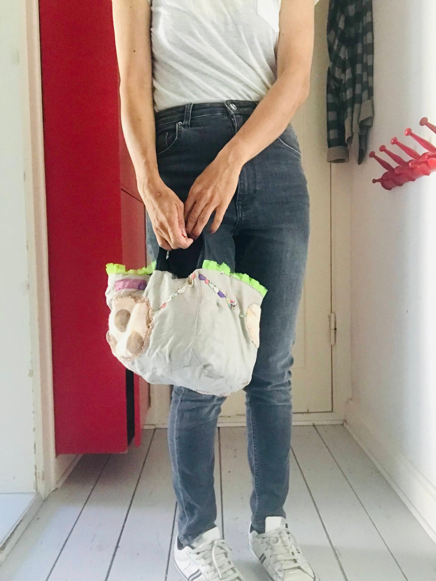 Bag  手縫のバッグ　布製　本革　持ち手　ハンドメイド　1538